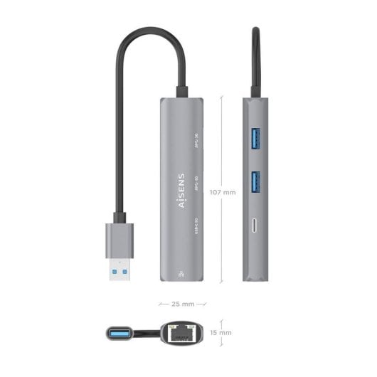 Dock USB-A Aisens ASUC-4P035-GR Conversor Ethernet Gigabit 2xUSB 1xUSB-C Cinza 15cm