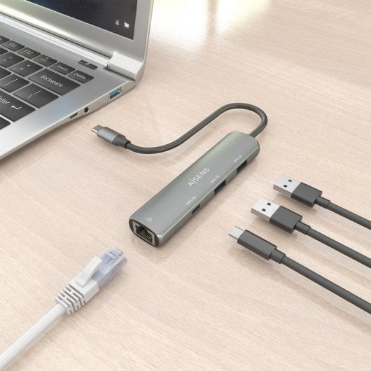 Station d'accueil Aisens ASUC-4P039-GR USB-C Ethernet Gigabit 2xUSB-A 1xUSB-C Gris 15cm