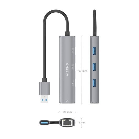 Hub USB Aisens ASUC-4P034-GR 3xUSB-A 1xRJ45 Gigabit Grigio 15cm