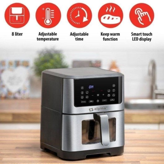 Friggitrice ad Aria Alpina 8L 1800W Touch Screen LED Finestra Inox