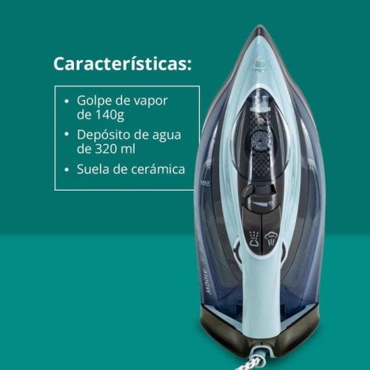 Plancha de ropa Kubo suela cerámica 3100W 320ml golpe vapor 140g azul