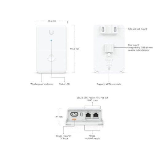Injecteur PoE Ubiquiti UISP Dual-Power 2.5 GbE 100W IPX5 Blanc