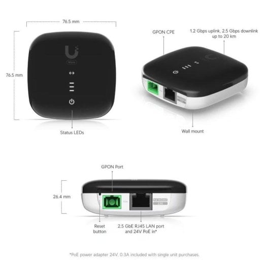 Convertidor de red Ubiquiti WaveFiber ONU hasta 2,5 Gbps, PoE, SC/APC, 20 km