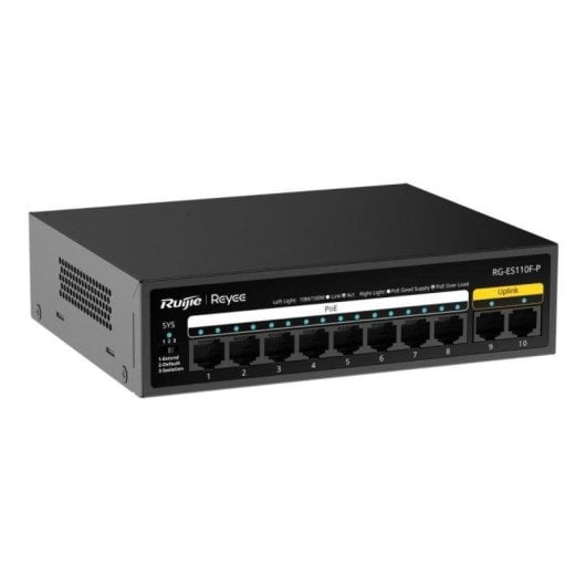 Switch Ruijie RG-ES110D-P V2 8 puertos PoE+ 10/100 Mbps 2 uplink carcasa metálica