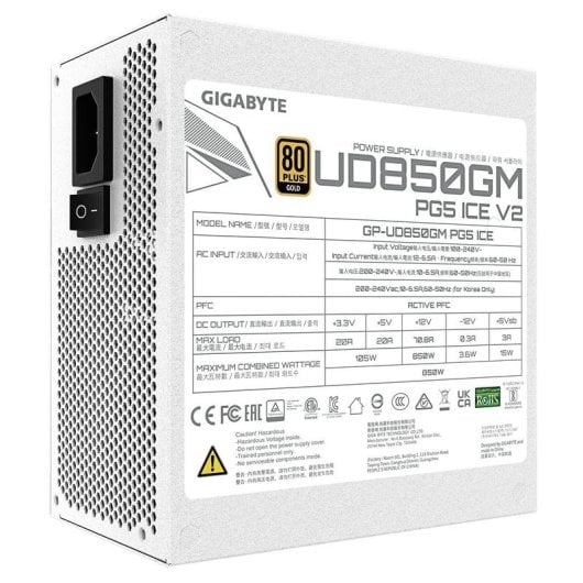 Fuente de Alimentación Gigabyte UD850GM PG5 V2 ICE 850W 80 PLUS Gold modular blanca