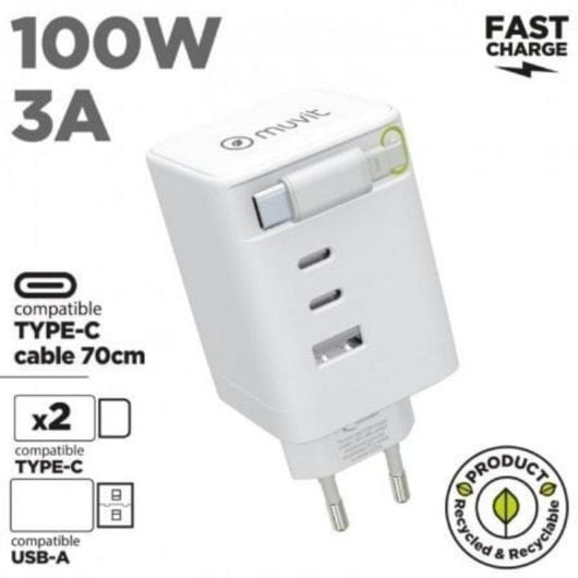 Cargador de pared Muvit For Change 100 W 3 USB-C 1 USB-A con cable retractil