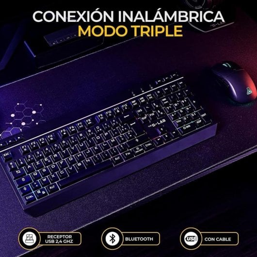 Teclado The G-Lab Combo Tungsten EX de membrana Layout Español triple conexión con retroiluminación RGB y ratón 6400 dpi
