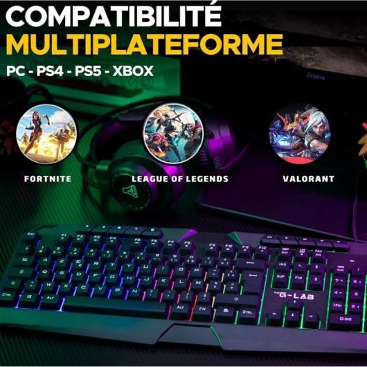 Teclado The G-Lab Combo Natrium membrane AZERTY RGB avec souris, casque et tapis