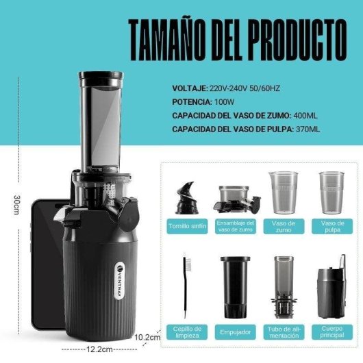 Exprimidor Ventray Mini Ginnie Compact 60 RPM Noir extraction maximale