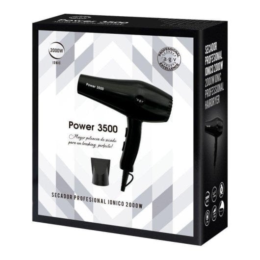 Secador de Cabelo Iónico Profissional By AGV Power 3500 2000W 3 Temperaturas 2 Velocidades Ar Frio Preto
