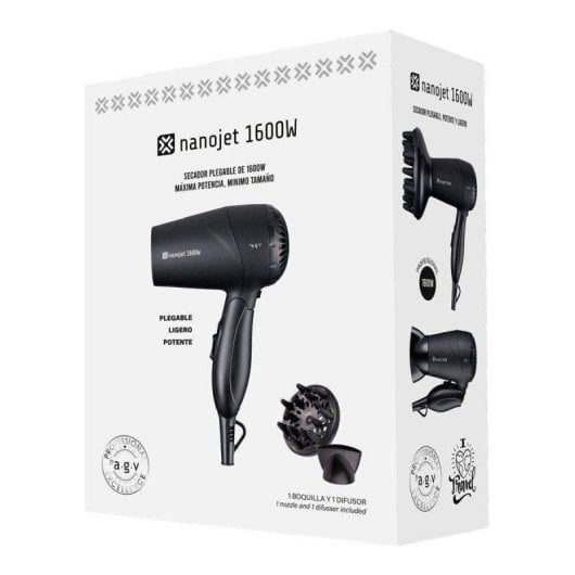 Secador de Cabelo Dobrável Iónico By AGV Nanojet 1600W 2 Temperaturas 2 Velocidades com Difusor Preto