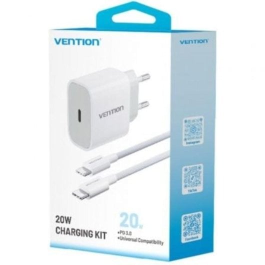 Chargeur mural Vention G12W0-EU 20W USB-C avec câble USB-C 1m blanc