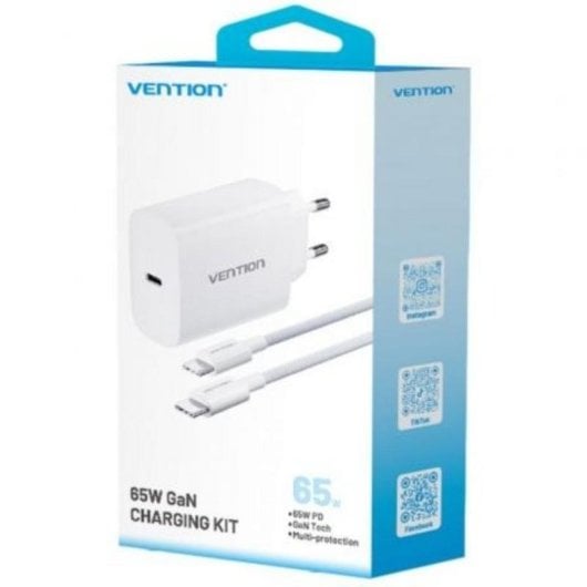 Cargador de pared Vention G14W0-EU 65W USB-C con cable trenzado 1 m