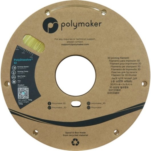 Filamento PVA Polymaker PolyDissolve S1 Natural 1,75 mm Solúvel em Água