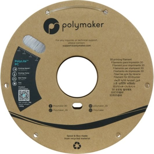Filamento PC Polymaker PolyLite PC01001 Transparente 1,75 mm Resistência ao Calor
