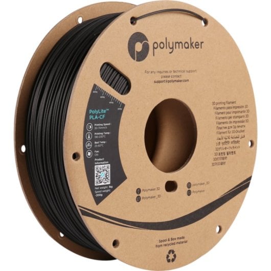 Filamento PLA Polymaker PolyLite PLA-CF Preto 1,75 mm Fibra de Carbono