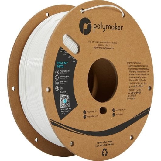 Filamento PETG Polymaker PolyLite PB01002 Blanco 1,75 mm Gran Claridad Fácil Impresión