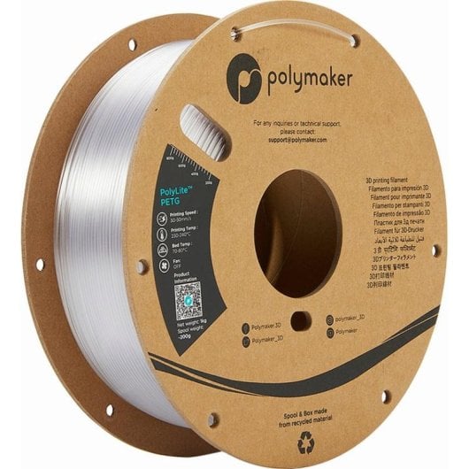 Filamento PETG Polymaker PolyLite PB01011 Transparente 1,75 mm Alta Claridad Fácil Impresión