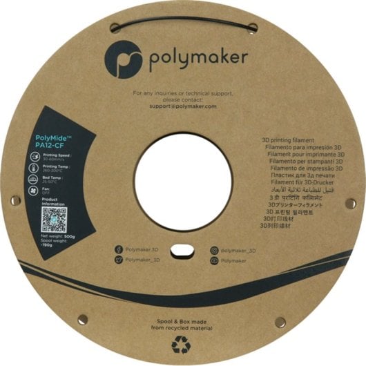 Filament PA12-CF Polymaker PG04001 Noir 1,75 mm Renforce Fibre Carbone