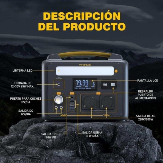 Estación de energía VTOMAN Jump 600X 299Wh 2 puertos AC 6 salidas USB/DC Batería LiFePO4 Protección avanzada
