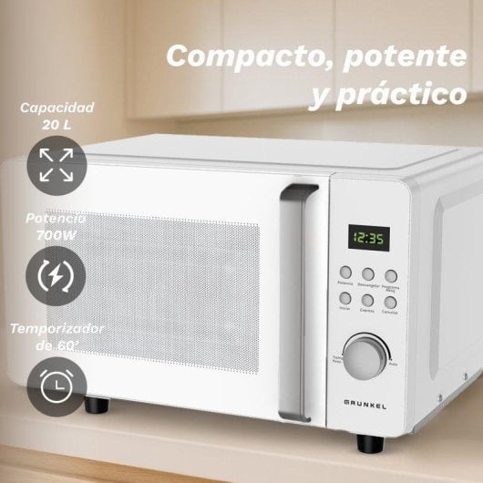 Microondas Grunkel MWD-20FLAT 20L 700W Panel Digital 8 Programas Sin Plato Giratorio