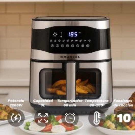 Friggitrice ad Aria Grunkel Maxisteelfryer Finestra 9L 2200W Doppia Resistenza 10 Programmi
