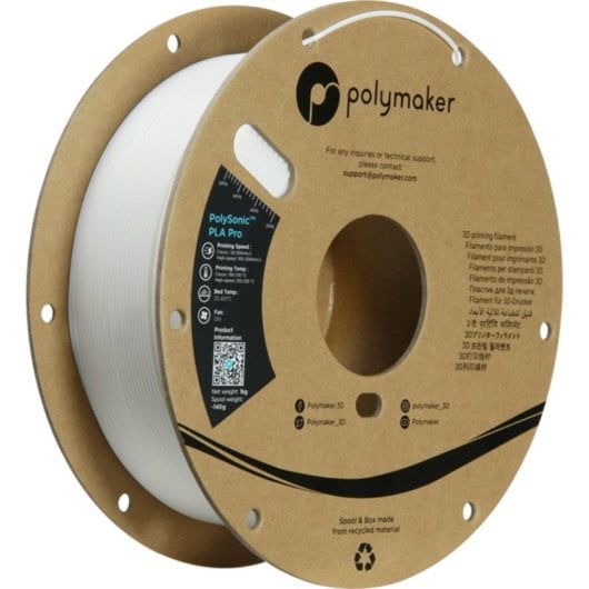 Filament PLA Polymaker PolySonic PA13001 Blanc 1,75 mm Haute Vitesse Résistant