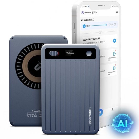 Owlotech Magnus Grabadora IA 64Gb, Resumen, Transcripción, Traducción, Generación contenido y Mapas Mentales Gris Oscuro