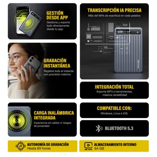 Owlotech Magnus Grabadora IA 64Gb, Resumen, Transcripción, Traducción, Generación contenido y Mapas Mentales Gris Oscuro