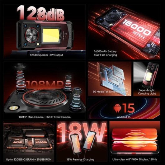 Oukitel WP56 36GB 512GB 6.8" 120Hz 5G Dual SIM Batería 16000mAh NFC Android 15 Negro