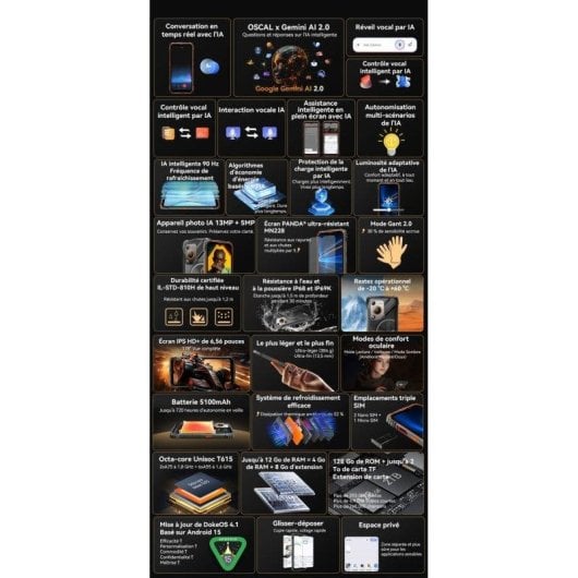 OSCAL Marine 1 4 Go 128 Go 6,56" IPS 90Hz 4G Dual SIM NFC Batterie 5100mAh Android 15 Orange