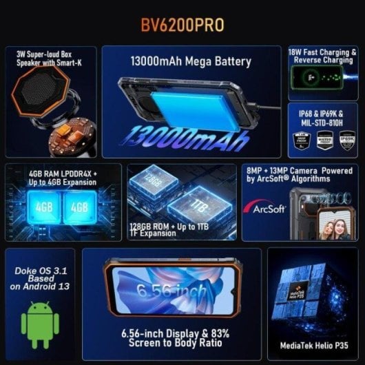 Blackview BV6200 Pro 6GB 128GB 6.56" HD+ 4G Dual SIM Batería 13000mAh NFC Android 13 Negro