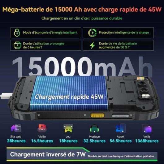 Blackview BV7300 6 Go 256 Go 6,67" HD+ 4G Double SIM Batterie 15000mAh NFC Android 14 Noir