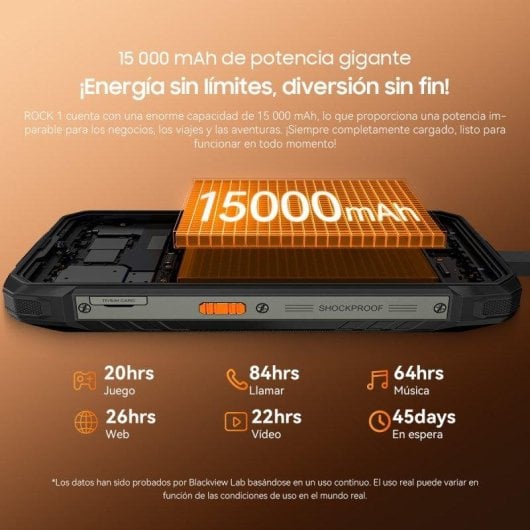Blackview Rock 1 8GB 256GB 6.56" IPS 90Hz 4G Dual SIM Batería 15000mAh IP69K Android 16 Negro