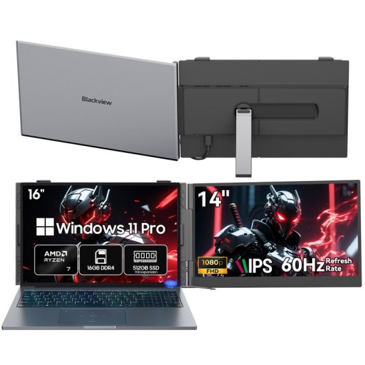 Blackview Gamibook 8 Gaming Laptop 16" AMD Ryzen 7 7735HS 16GB 512GB + Pantalla Portátil Individual