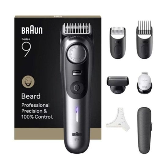 Tondeuse Barbe Visage Braun BeardTrimmer 9 BT9520 Sans Fil 180min Sec et Mouillé 52 Réglages 2 Sabots Charge Rapide