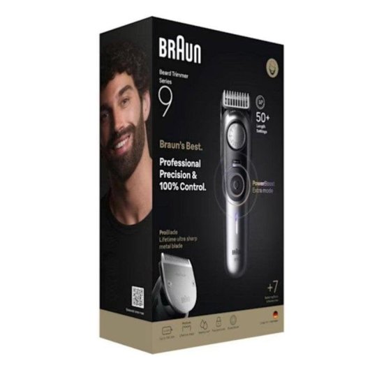 Tondeuse Barbe Visage Braun BeardTrimmer 9 BT9520 Sans Fil 180min Sec et Mouillé 52 Réglages Charge Rapide