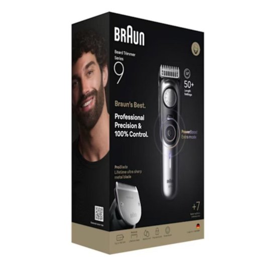 Tondeuse Barbe Visage Braun BeardTrimmer 9 BT9520 Sans Fil 180min Sec et Mouillé 52 Réglages 2 Sabots Charge Rapide
