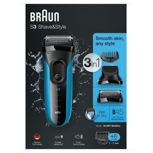 Máquina de Barbear Facial Braun Series 3 Shave&Style 3010BT Recarregável 45min Seco e Molhado 5 Ajustes Pentes Carregamento Rápido