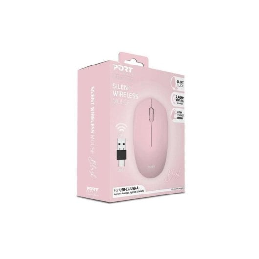 Ratón Port Designs 900541 inalámbrico RF Wireless 1600 DPI rosa doble receptor USB-C y USB-A