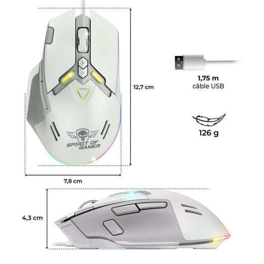 Ratón Spirit of Gamer S-EM60WT Cablato 20000 DPI Bianco RGB 9 Pulsanti