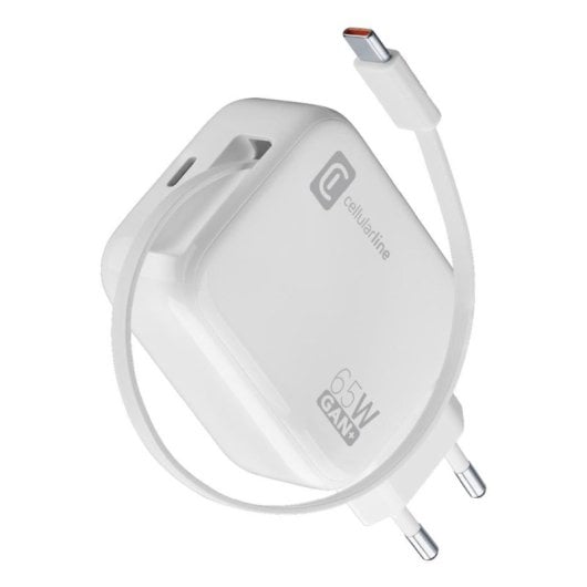 Carregador Cellularline Retractable Power 65W GaN cabo USB-C retrátil branco