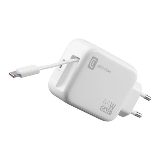 Carregador Cellularline Retractable Power 65W GaN cabo USB-C retrátil branco