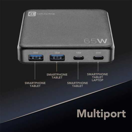 Chargeur Cellularline MULTIPOWER DESK 65W GaN 4 ports USB-C et USB-A charge rapide