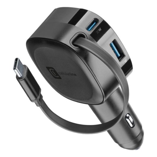 Carregador de carro Cellularline Retractable Car Charger 60W USB-C PD GaN preto
