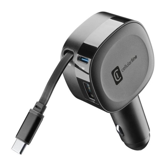 Carregador de carro Cellularline Retractable Car Charger 60W USB-C PD GaN preto