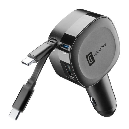 Carregador de carro Cellularline Retractable Car Charger 60W USB-C PD GaN preto