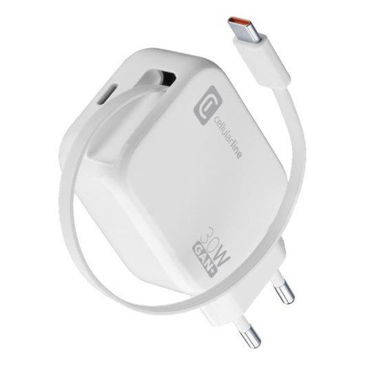 Cargador de pared Cellularline Retractable Power 30W blanco GaN USB-C retráctil