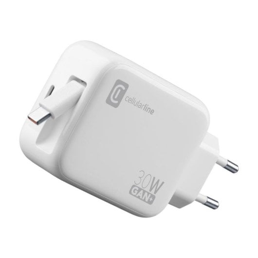 Cargador de pared Cellularline Retractable Power 30W blanco GaN USB-C retráctil