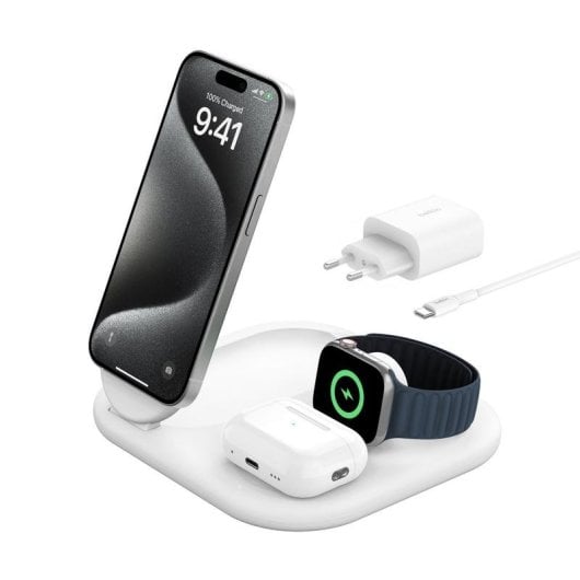 Cargador inalámbrico Belkin BoostCharge 3 en 1 Qi2 plegable 15W carga rápida